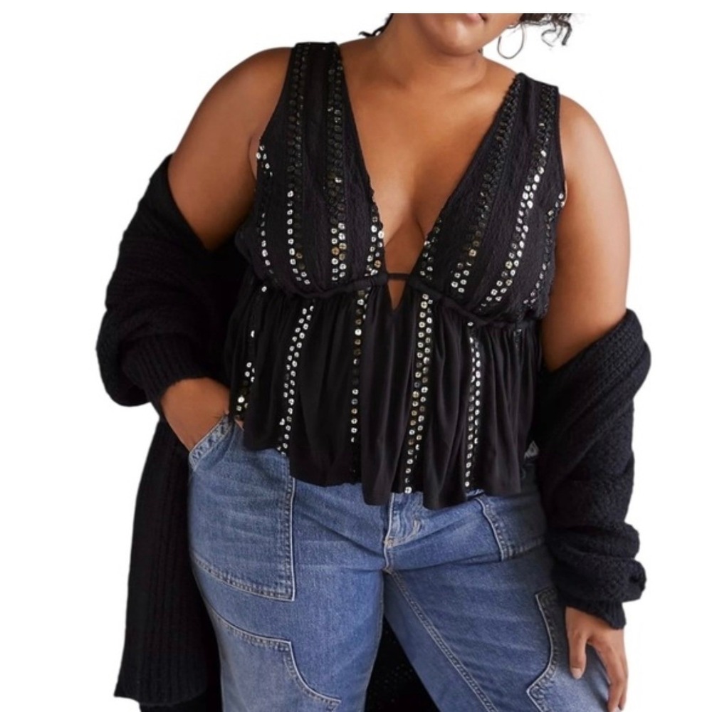 Black Sequin Peplum Tassel Party Top Blouse Festival Disco Y2K Large NWT